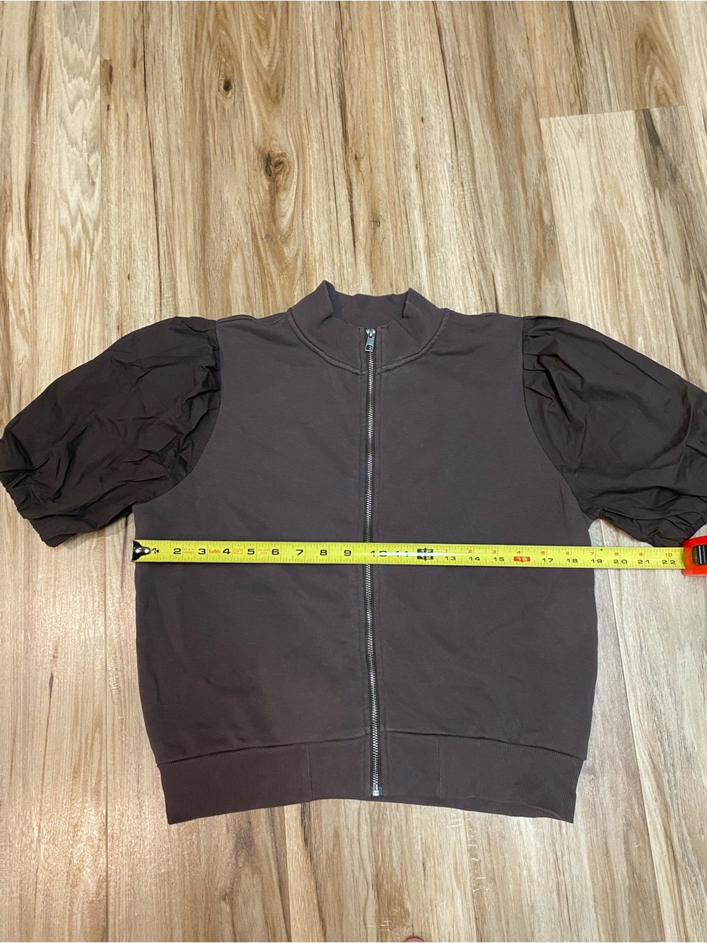 EVEREVE JORDAN PUFF SLEEVE SHORT SLEEVE FULL ZIP TOP JACKET COCOA BROWN SZ SMALL - Picture 6 of 9